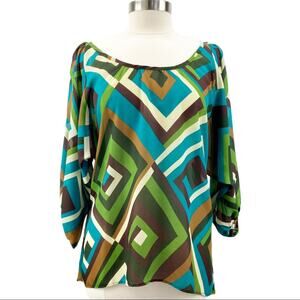 NEW Fashionista Womens Mod Geometric Scoop Neck Tunic Top Blue Green M